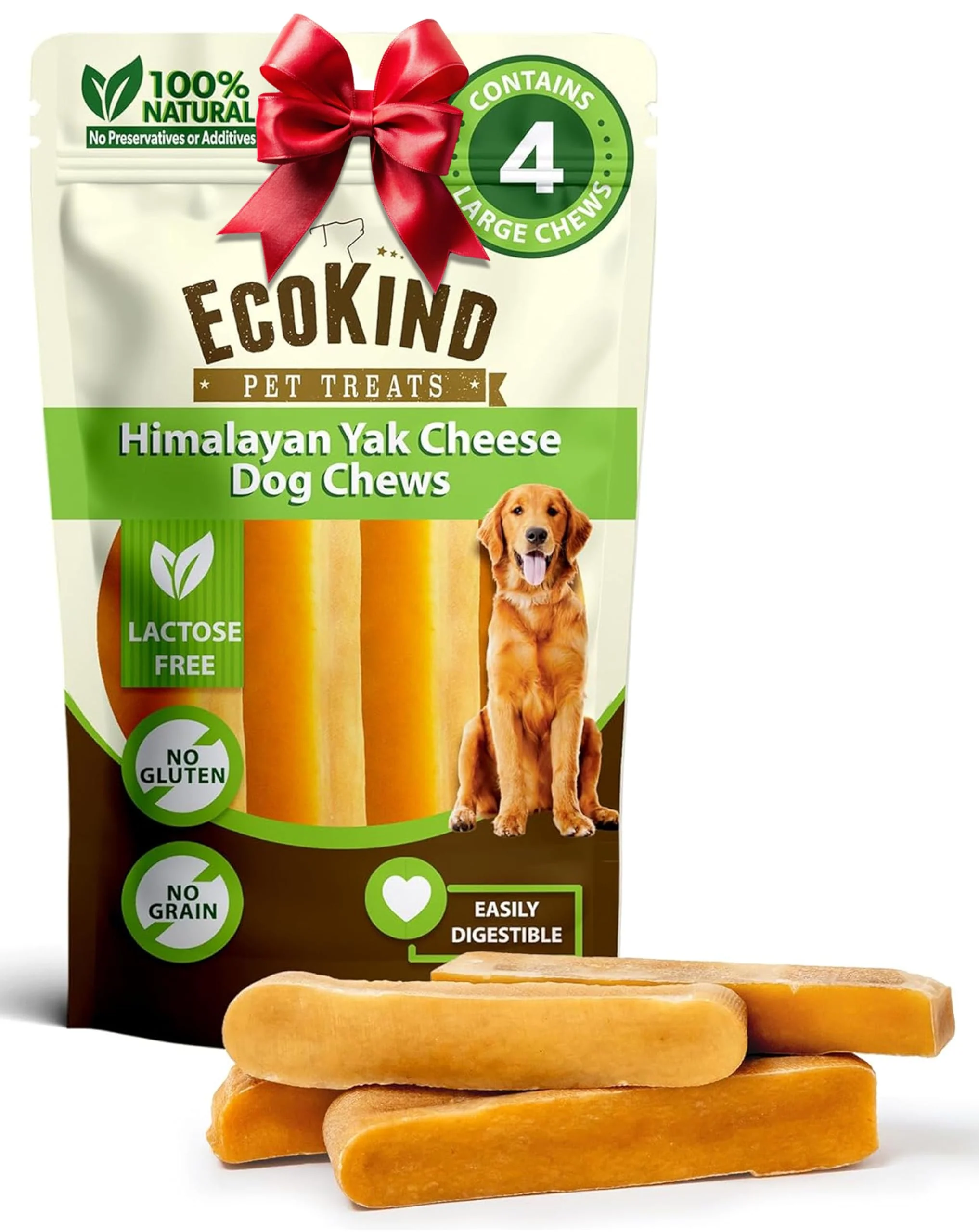 Traditional EcoKind Premium Gold Yak Cheese Himalayan Dog Chews – Large Breed All Natural High Protein 4 Chews 1 lb Reliable