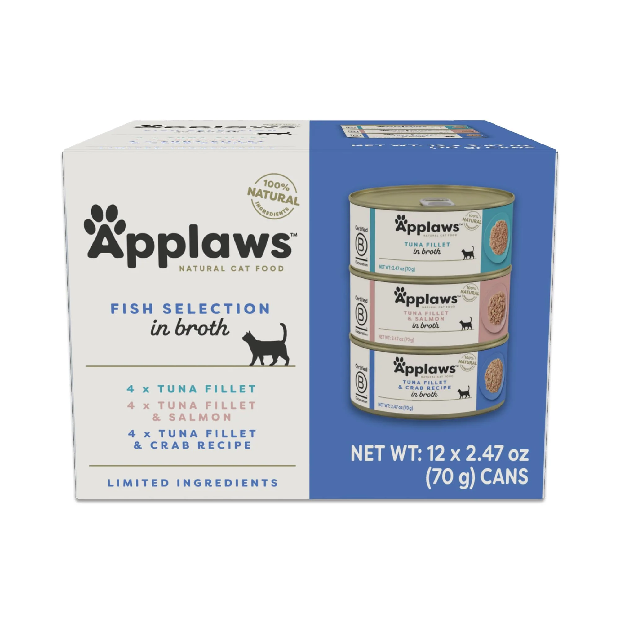 Proven Applaws Natural Wet Cat Food – Limited Ingredients High-Protein Fish Variety Pack 12 x 2.47oz Cans Solid