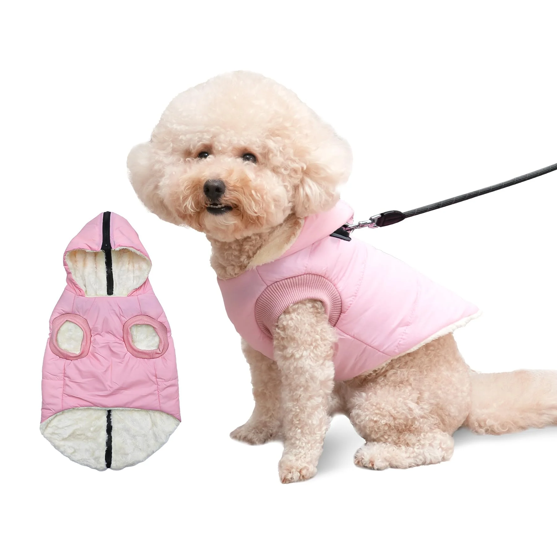 Consistent Vecomfy Fleece-Lined Dog Hoodie with Built-In Harness — Extra Warm Small Coat Light Pink S Natural