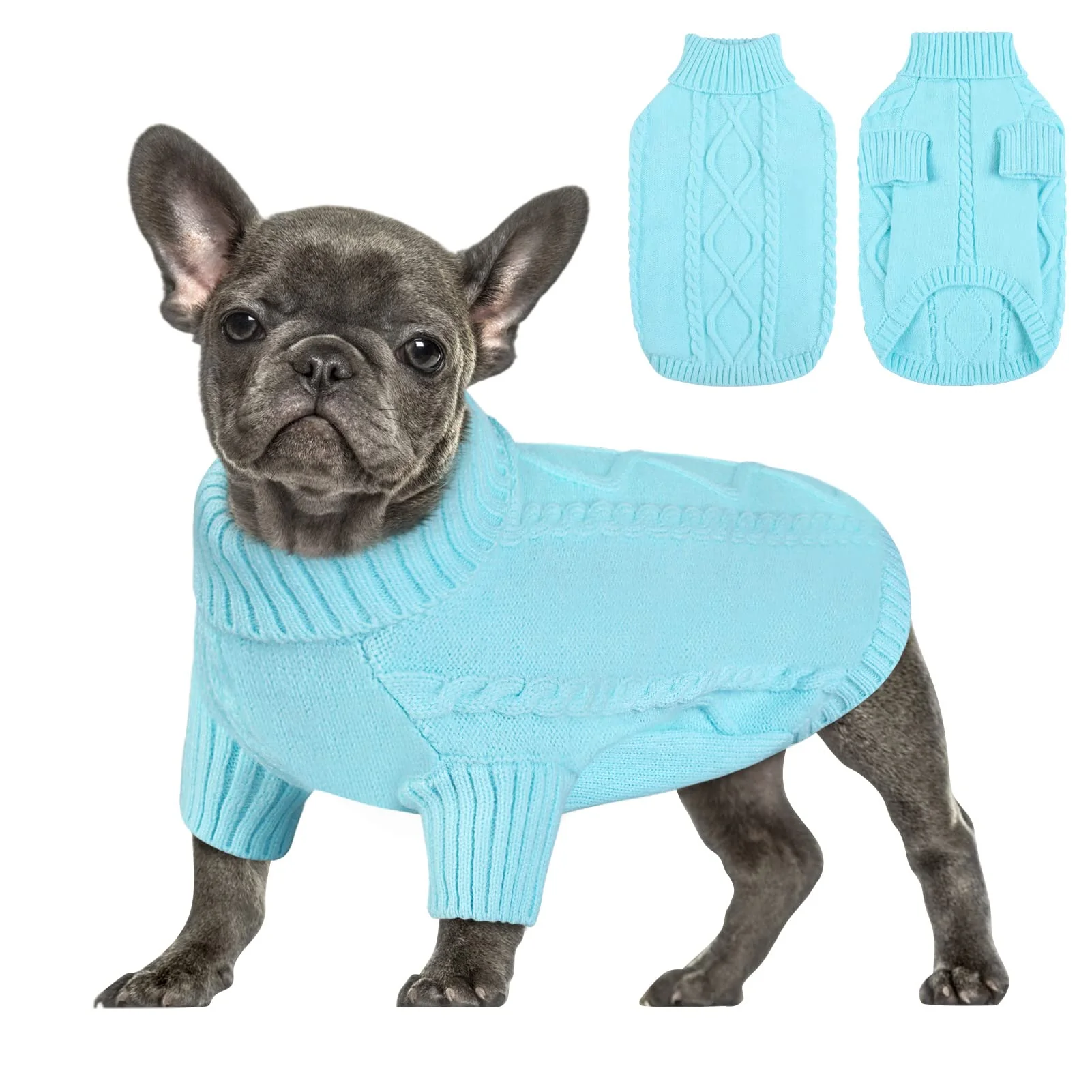 Stylish Queenmore Small Dog Pullover Sweater — Thick Cable Knit Sky Blue Medium Elite