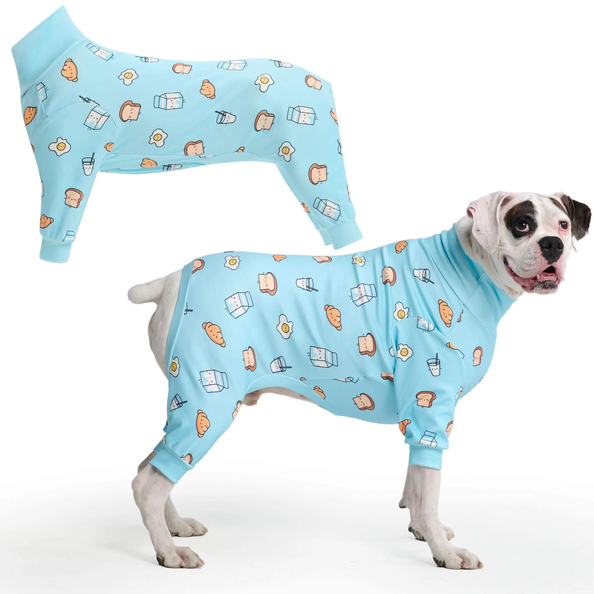 Breathable Spark Paws Dog Pajama Recovery Suit – Ultra-Soft 4-Way Stretch Onesie Breakfast Blue 3XL High-Performance