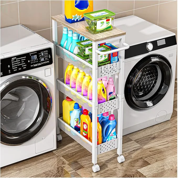Professional Utility Slim Storage Cart with Wheels 4 Tier Small Rolling Cart with Wood Top Metal Kitchen Bathroom Laundry Room Organization Trolley with Handle for Narrow Space – WhiteAbout ThisOverview Advanced