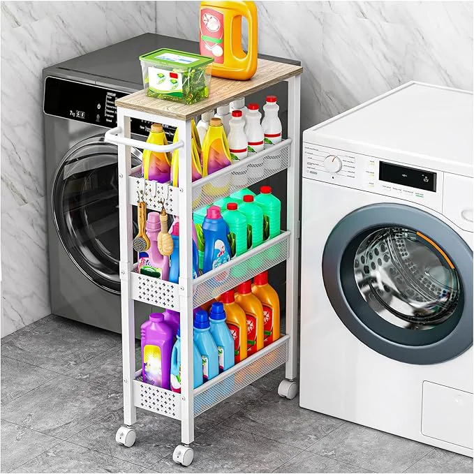 Effective Utility Slim Storage Cart 4 Tier Small Rolling Kitchen Laundry Room Cart with Wood Top Metal Bathroom Storage Cabinet Mobile Shelf Unit Organizer Trolley with Handle for Narrow SpaceAbout ThisOverview Responsible