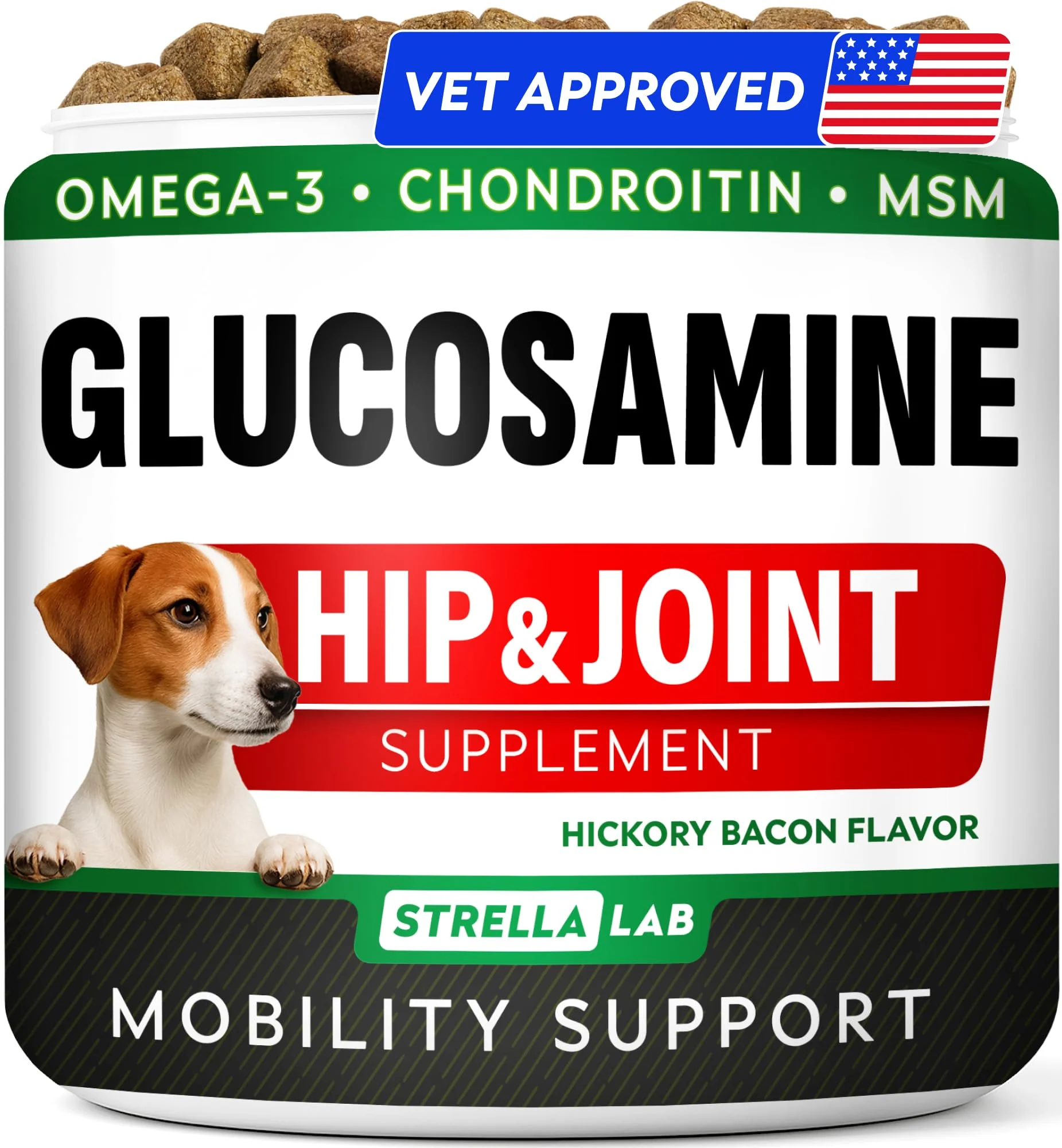 Prestigious STRELLALAB Glucosamine Treats for Dogs — 120 Count Joint Support with Omega-3 Chondroitin MSM Hickory Bacon Flavor Dependable