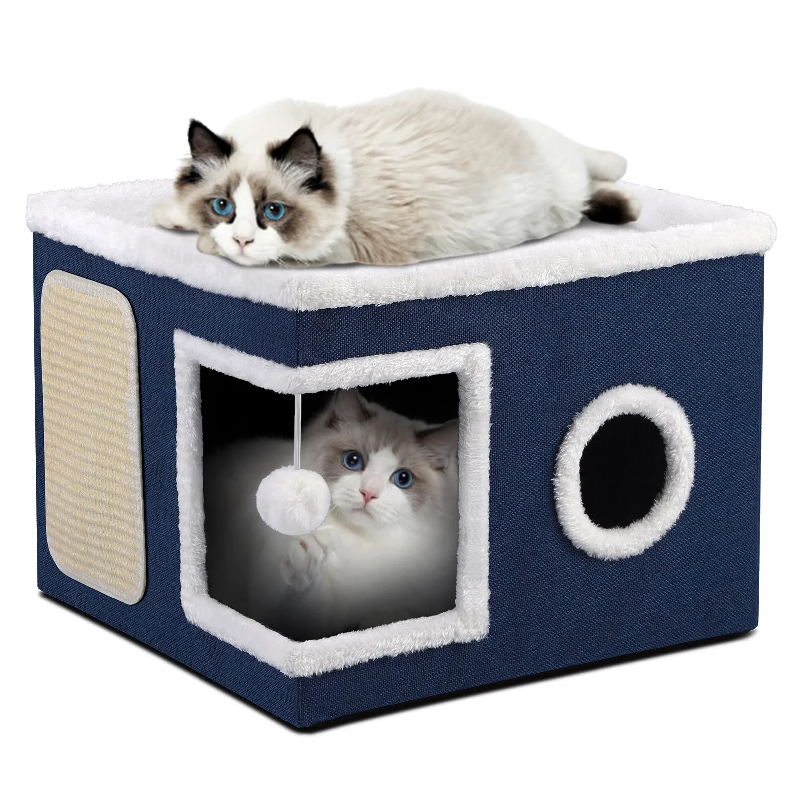 Eco-Friendly Shikha Cat Beds for Indoor Cats – Large Cat Cave Cozy Condo Foldable Blue Bed Solid
