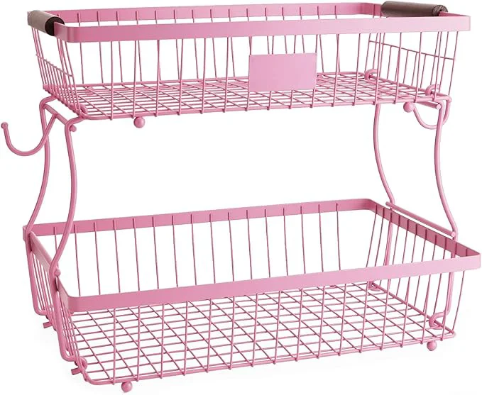 Stylish 2-Tier Stackable Wire Basket with 2 Banana Hooks Pantry Organizer for Kitchen Countertops Cabinets Under-Sink Spaces I for Storing Snacks Fruits Veggies Onions Potatoes More，PinkAbout ThisOverview Exclusive