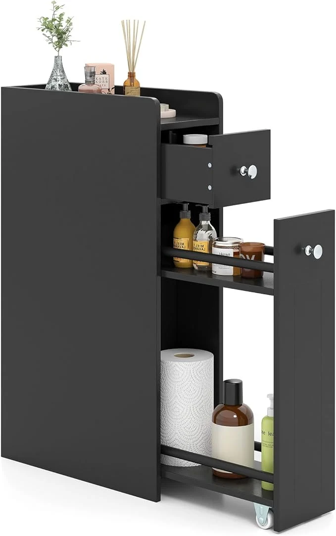Effective Giantex Slim Bathroom Storage Cabinet Space-saving Toilet Side Cabinet with Slide-out Drawers on 3 Wheels standing Narrow Toilet Paper Holder for Living Room Laundry Room Compact Space Black About ThisOverview Refined
