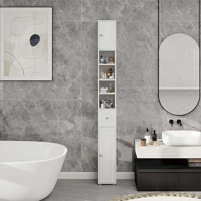 Original Tall Slim Bathroom Storage Cabinet 71 standing Bathroom Cabinet w 2 Doors 1 Drawer 4 Adjustable Shelves Floor Narrow Tower Cabinet for Small SpacesAbout ThisOverview Powerful
