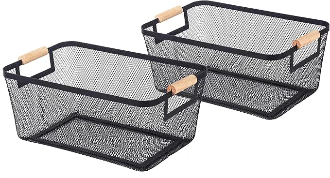 Versatile 2-Pack Metal Mesh Basket Medium Wire Storage Organizer with Wood Handle for Kitchen Pantry Bathroom Cabinet Closet Picnic Home Organization Medium BlackAbout ThisOverview Contemporary
