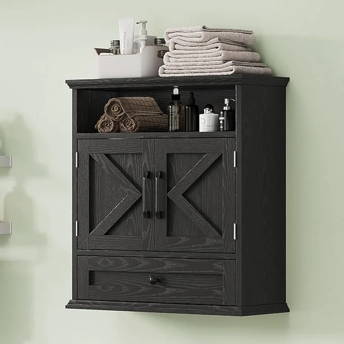 Solid Bathroom Wall Cabinet Wall Mounted Medicine Cabinet with Drawer Barn Door Adjustable Shelf 24.4 H x 23.6 W x 9 D Black Over Toilet Farmhouse Storage Cabinet for Kitchen Laundry EntrywayAbout ThisOverview Efficient