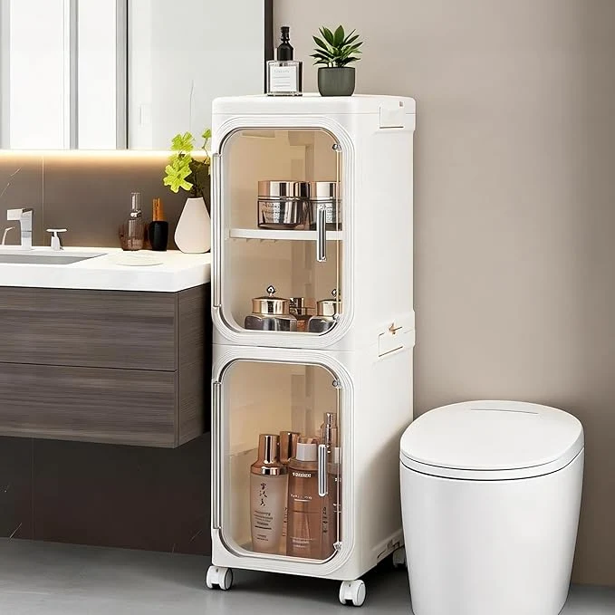 Professional 2-Tier Narrow Bathroom Storage Cabinet with Wheels Plastic Slim Organizer with Adjustable Shelves for Small Spaces Bathroom Kitchen Laundry Milky WhiteAbout ThisOverview Artisan