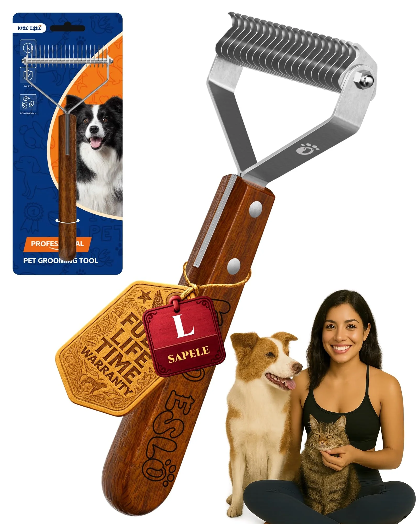 Official KIZO ESLO Dog Brush for Shedding Dematting — Premium Wood Handle 20 Blade Tool Contemporary