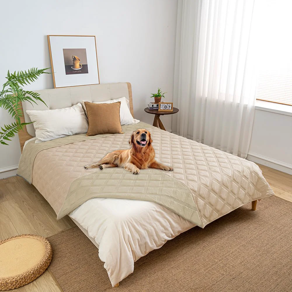 Dependable Fuguitex Waterproof Dog Blanket – Reversible Leakproof Washable 82 x 102 in for Small Dogs Beige Khaki Artisan