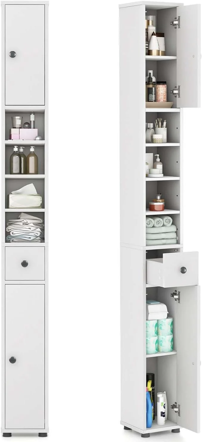 Reusable SIMOE Tall Bathroom Storage Cabinet 32.5lbs Heavy-Duty 8 Slim Narrow Floor Cabinet with 5 Adjustable Shelves Drawer 71 standing Skinny Linen Tower for Small Spaces Moisture-Proof WhiteAbout ThisOverview Exceptional