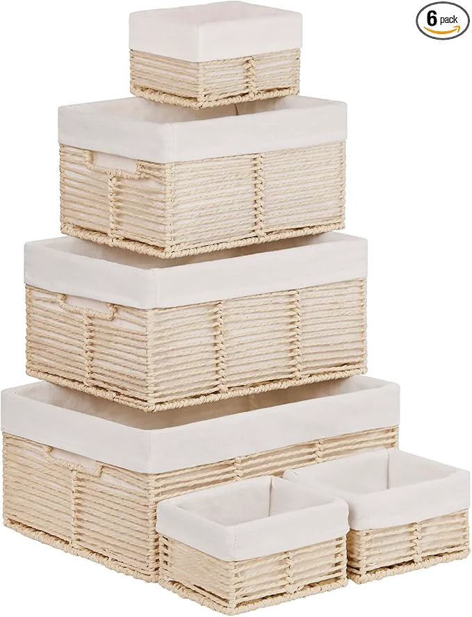 Refined Vagusicc Wicker Storage Baskets 6 Pack Baskets for Organizing Wicker Basket with Handle Rectangular Basket for Storage Shelves Cube Storage Bins for Closet Clothes Dresser BeigeAbout ThisOverview Professional