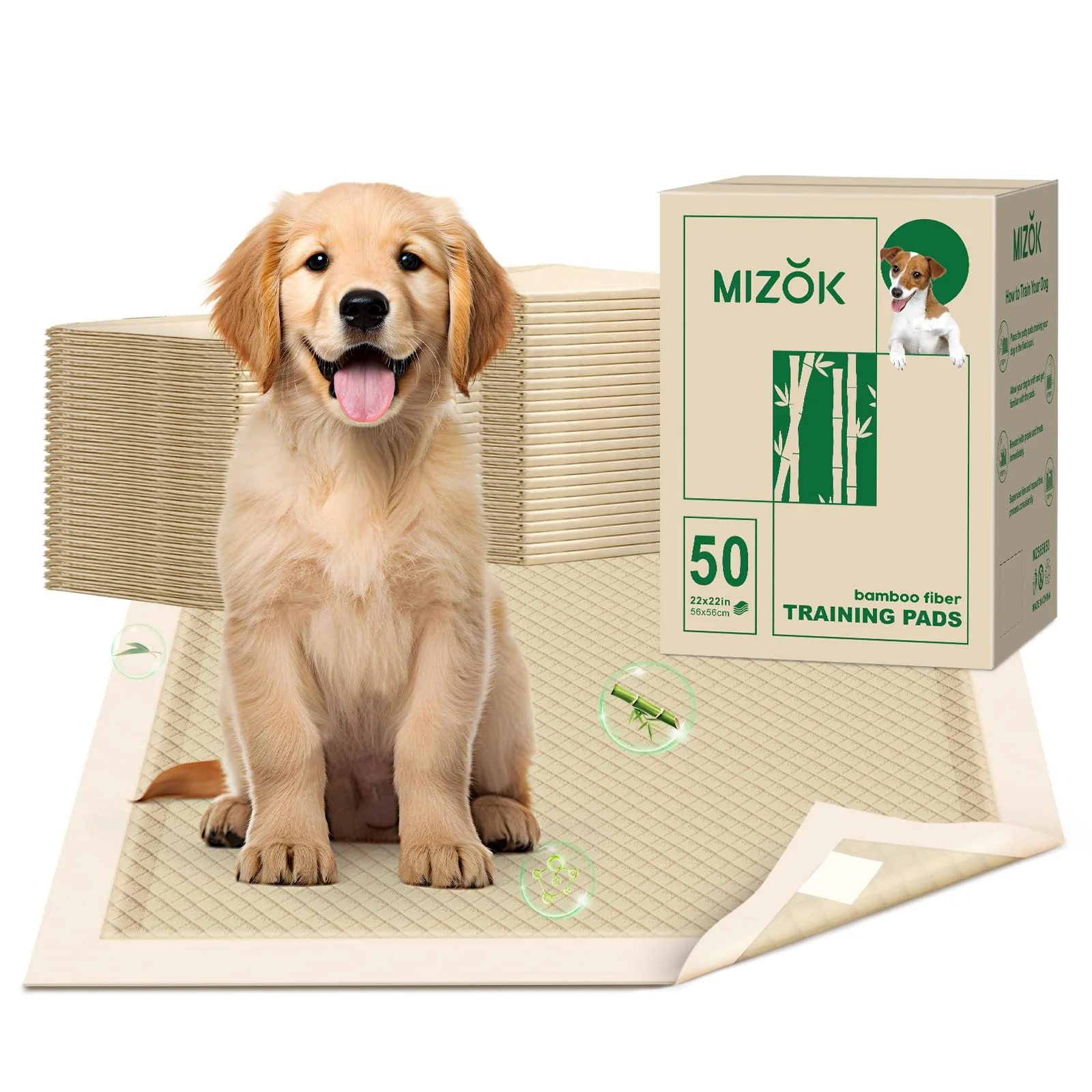 Clean MIZOK Puppy Pads Small 22×22 — Bamboo Odor-Eliminating 6-Layer Absorbent Leak-Proof 50 Count Casual