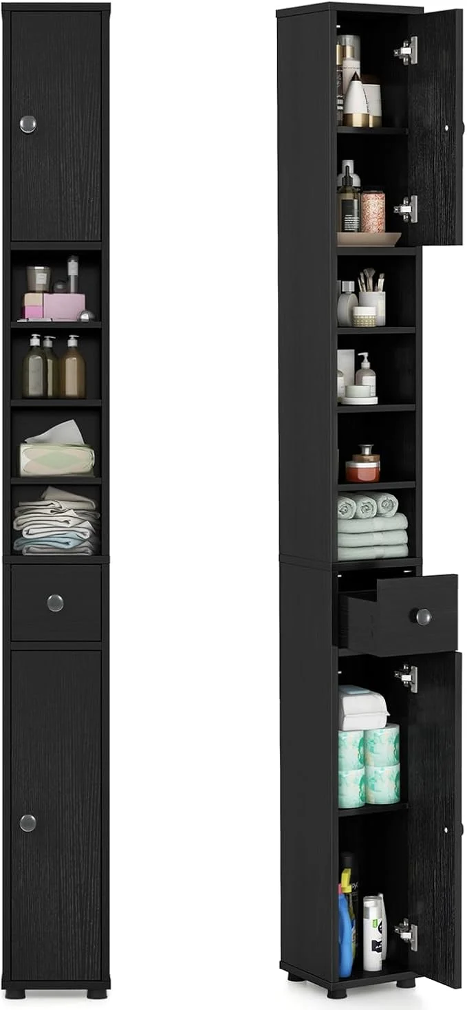 Modern SIMOE Tall Bathroom Storage Cabinet 8 Slim Narrow Floor Cabinet with 5 Adjustable Shelves Drawer 32.5lbs Heavy-Duty 71 standing Skinny Linen Tower for Small Spaces Moisture-Proof BlackAbout ThisOverview Efficient