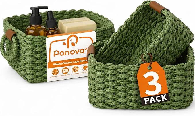 Flexible Storage Basket Recycled Paper Rope Bathroom Basket Organizer 3Pcs Small Baskets for Organizing Mini wicker Basket for Decorative Storage Bins Shelves Bathroom Cabinet – GreenAbout ThisOverview Eco-Friendly