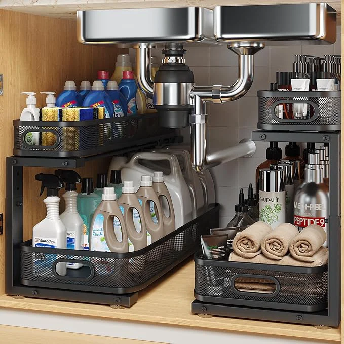 Outstanding 2 Pack 21.3IN-Depth Under Sink Organizer with Smooth Cylindrical Rail 2-Tier Pull Out Multi-Purpose Cabinet Storage for Bathroom Kitchen Height Adjustable Rust-Resistant Coating-BlackAbout ThisOverview Lightweight