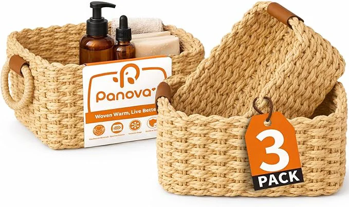 Recyclable Storage Basket Recycled Paper Rope Bathroom Basket Organizer 3Pcs Small Baskets for Organizing Mini wicker Basket for Decorative Storage Bins Shelves Bathroom Cabinet – BeigeAbout ThisOverview Expertly Made