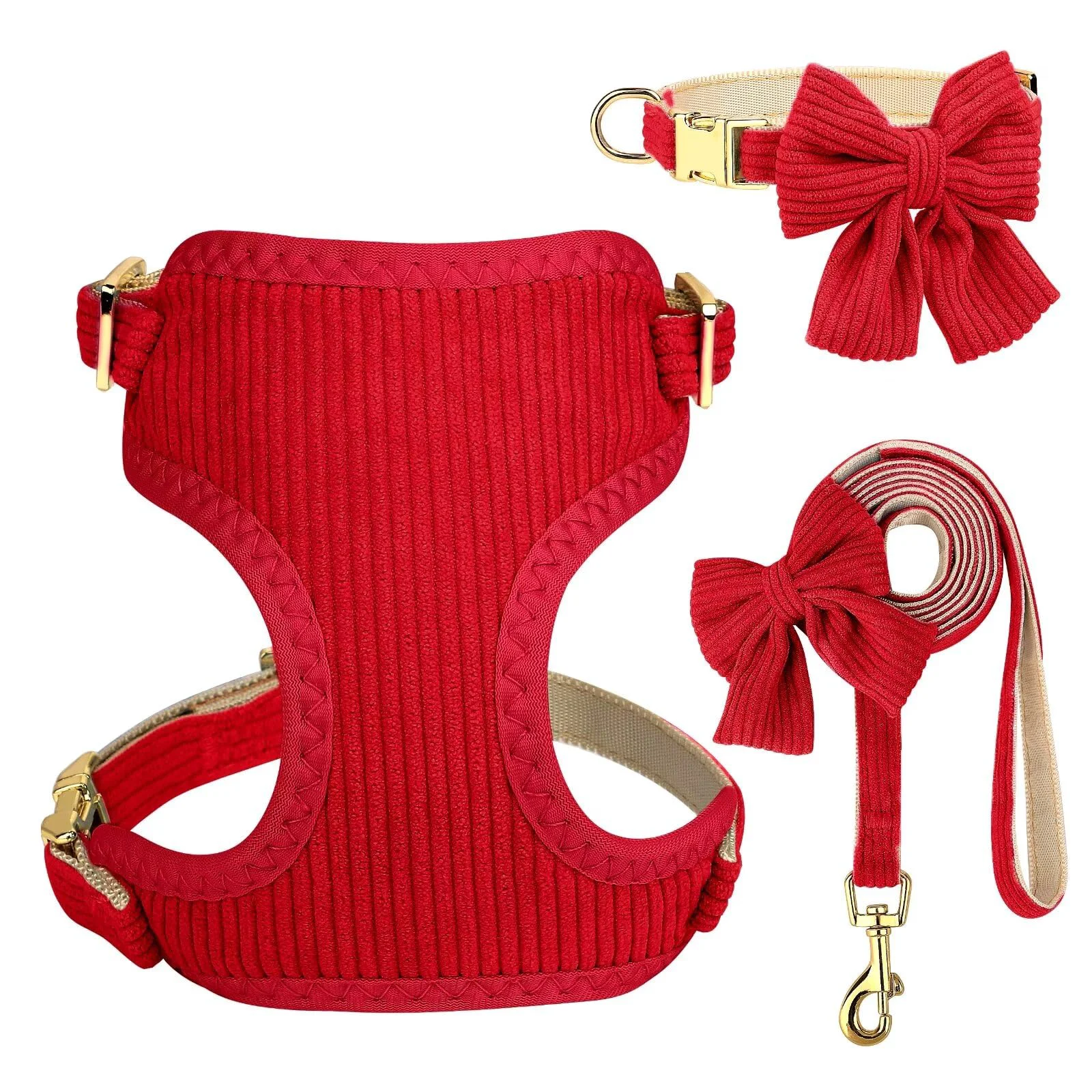 Sustainable Didog Cute Small Dog Harness Set with Bowtie — Breathable Mesh Adjustable Fit Red Size M User-Friendly