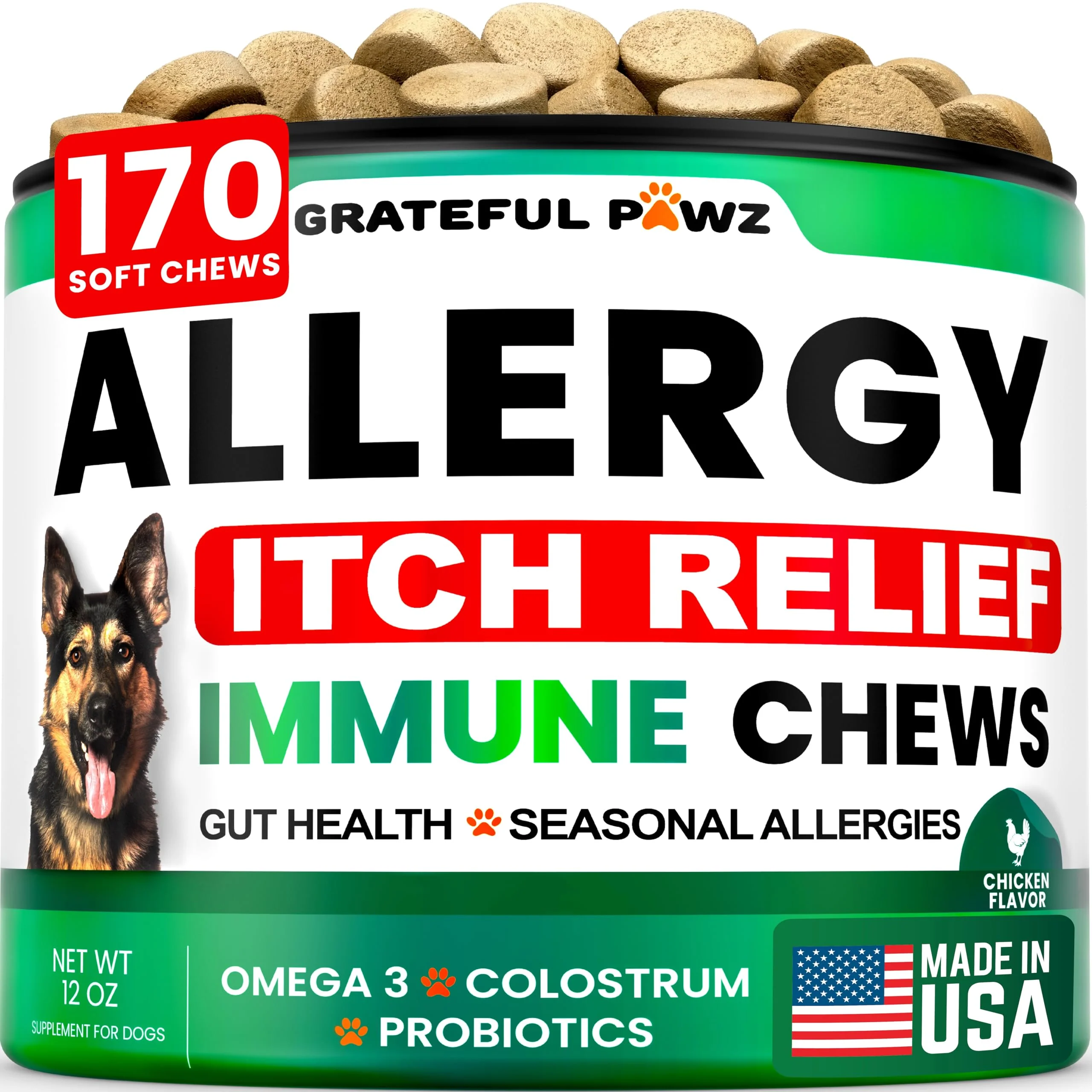 Traditional Grateful Pawz Dog Allergy Relief Chews – Itch Hot Spots Immune Support 170 Chews – Made in USA Premium