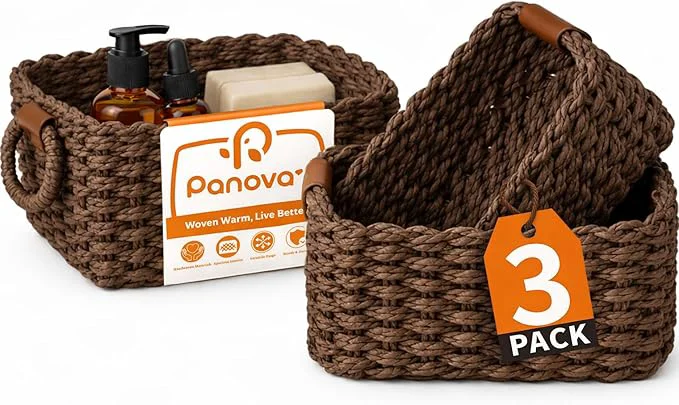 High-Quality Storage Basket Recycled Paper Rope Basket Organizer 3Pcs Small Baskets for Organizing Mini wicker Basket for Decorative Storage Bins Shelves Cabinet – Dark BrownAbout ThisOverview Durable
