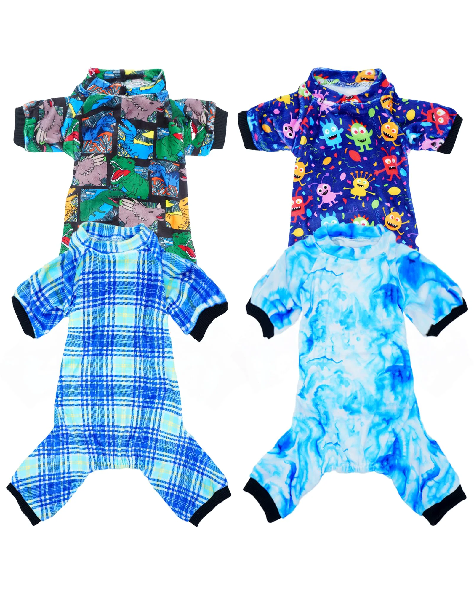 Sophisticated PET SHOW 4 Pack Small Dog Pajamas – Soft Stretchy Jumpsuits in Plaid Tie-Dye Themed Patterns Classic