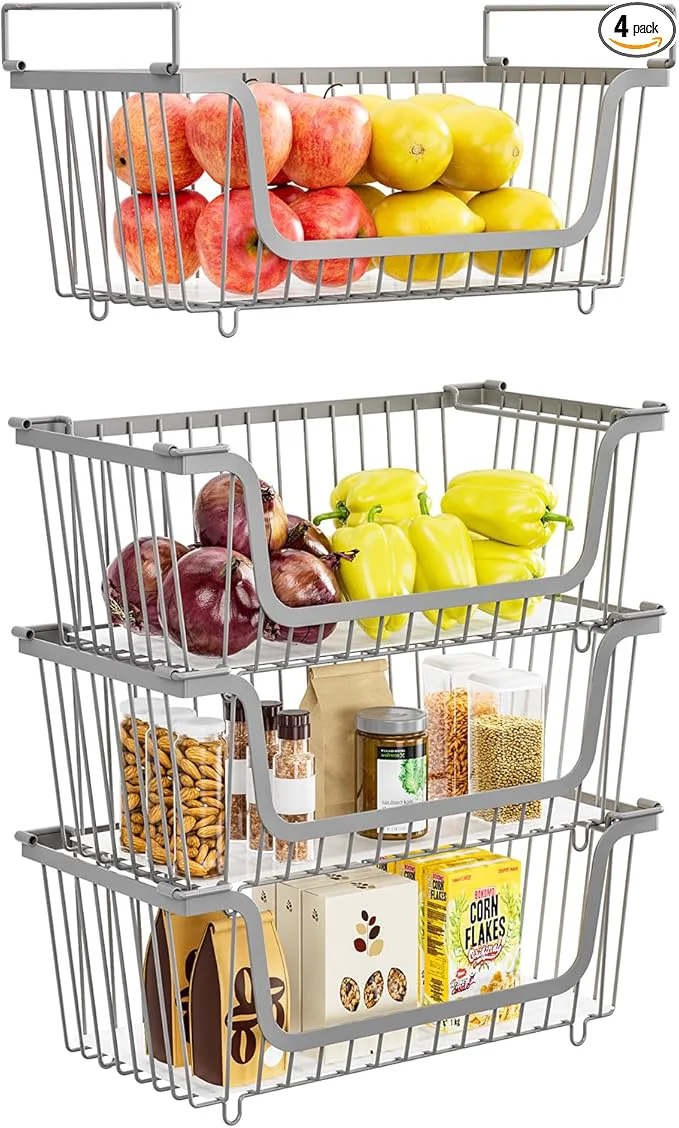 Sophisticated 4 Pack Stackable Wire Baskets with Handles for Pantry Organizers and Storage Fruit and Vegetable wire storage baskets Potato and Onion Storage Bin Metal Baskets for Organizing Snacks Cans Gray About ThisOverview Easy-to-Use