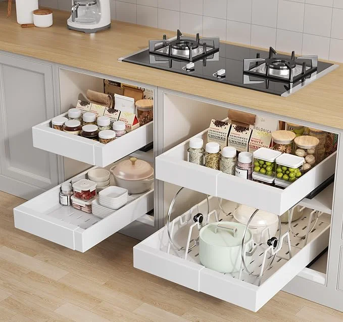 Stylish 4 Pack Pull out Cabinet Organizer 21 Deep With Raising Pad for Framed Cabinets Expandable 9 -14 W Slide out Drawers for Kitchen Cabinets with 4pcs Divider Racks Roll out Shelves WhiteAbout ThisOverview Effective
