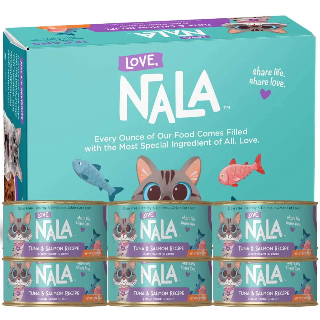 Certified LOVE NALA Natural Adult Cat Wet Food — Flaked Tuna Salmon in Broth Grain Non-GMO Lean Protein Omega-3 12 Pack 2.4 lbs Convenient