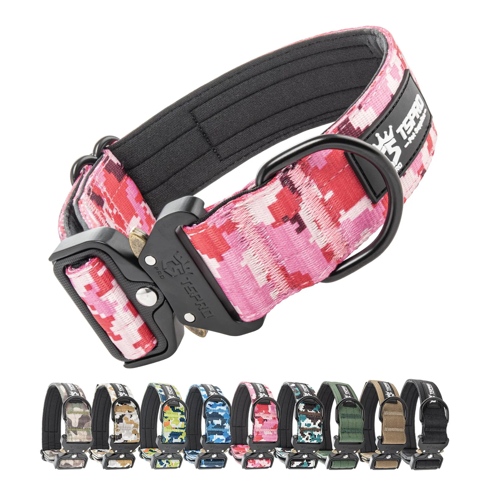 Detailed TSPRO Premium Tactical Dog Collar with Patch – Adjustable Medium to Large Camo Pink L Breathable