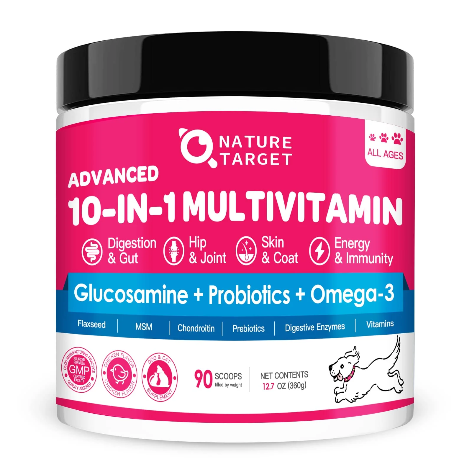 Lightweight NATURE TARGET Dog Vitamins Powder – Probiotics Digestive Enzymes Joints Skin Health Top-Quality