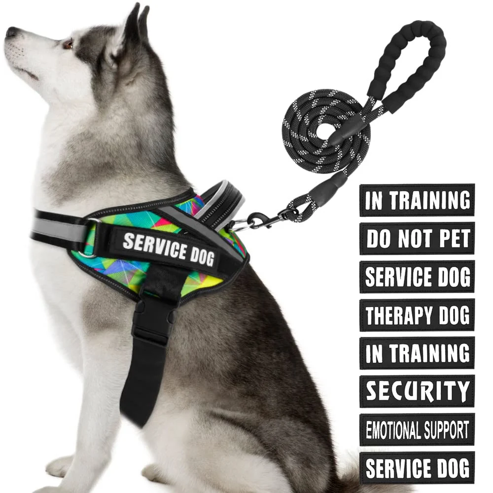 Lightweight Animire Service Dog Vest Harness Leash Set — In Training with 10 Patches Reflective Soft Handle XL Smart