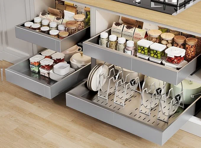 Outstanding 4 Pack Pull out Cabinet Organizer 21 Deep With Raising Pad for Framed Cabinets Expandable Slide out Drawers for Kitchen Cabinets with 4pcs Divider Racks Roll out Shelves 12.1 -20.4 W SilverAbout ThisOverview Durable