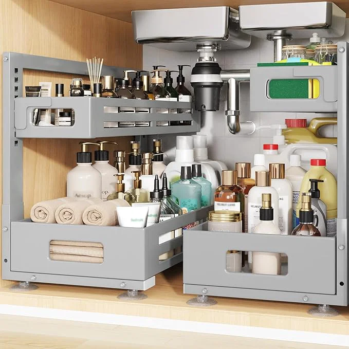Durable 2 Pack 21IN-Depth Under Sink Organizer Pull Out Cabinet Organizer With Smooth Cylindrical Rail Metal Slide Out Drawer for Kitchen Bathroom Laundry 8-Level Tool Height Adjustable-Gun GrayAbout ThisOverview Smart