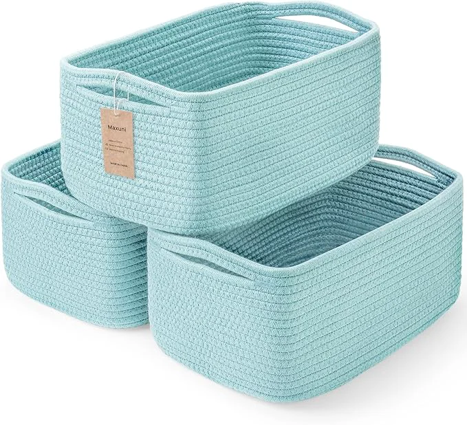 Quality 3-Pack Storage Baskets for Organizing Woven Shelf Toy Basket Rope Baskets for Gifts Empty Closet Organizer Bins with Handles Cube Decorative Box 13.7×7.1×6.7 Light BlueAbout ThisOverview Easy-to-Use