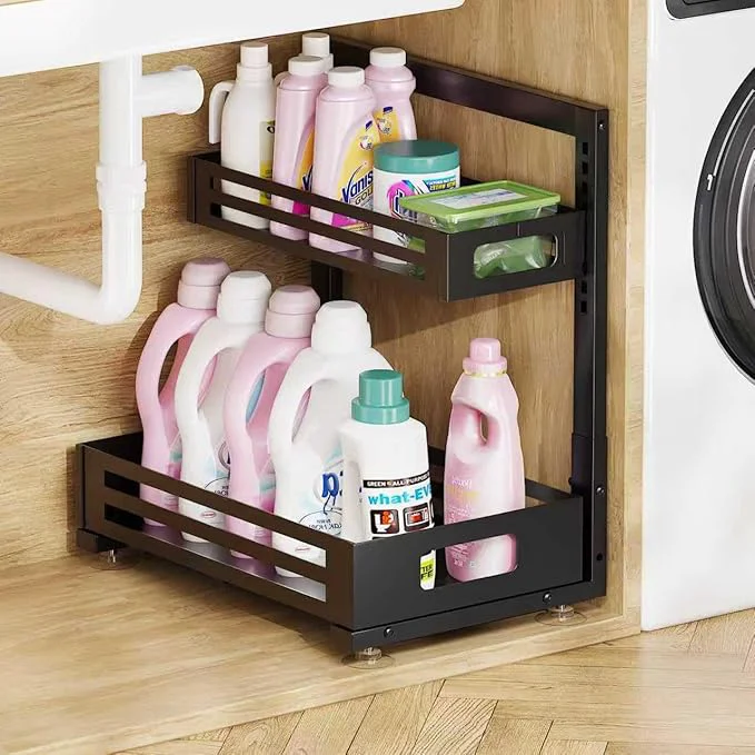 Proven 1 Pack Under Sink Organizer Pull Out Cabinet Organizer with Smooth Cylindrical Rail Metal Slide Out Drawer for Kitchen Bathroom Laundry Cabinet 8-Level Tool Height Adjustable-BlackAbout ThisOverview Reusable