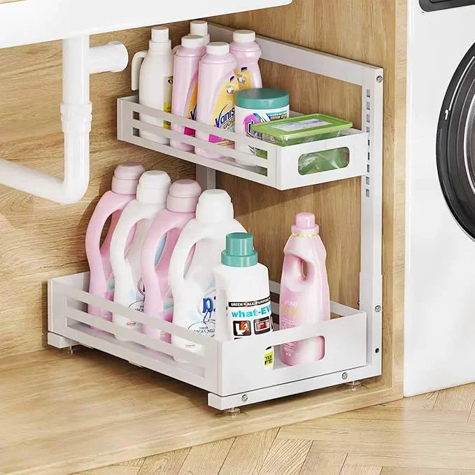 Original Design 1 Pack Under Sink Organizer Pull Out Cabinet Organizer with Smooth Cylindrical Rail Metal Slide Out Drawer for Kitchen Bathroom Laundry Cabinet 8-Level Tool Height Adjustable-WhiteAbout ThisOverview Refined