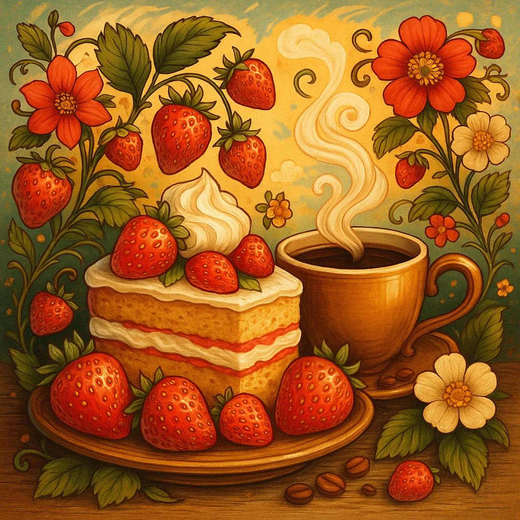 Modern Strawberry Shortcake CoffeeLush creamy and bright with ripe strawberry and vanilla cake in every sip. Organic