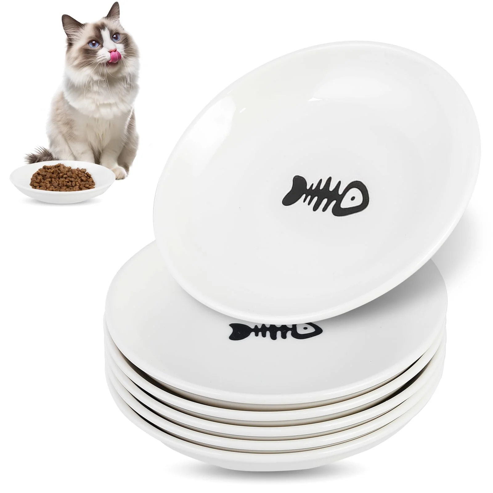 Next-Generation STAOVA 6-Pack Ceramic Cat Bowls – Anti-Whisker Fatigue 5.5-Inch Shallow Fishbone Style Pure