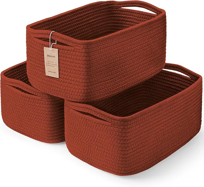 Premium Material 3-Pack Storage Baskets for Organizing Woven Shelf Toy Basket Rope Baskets for Gifts Empty Closet Organizer Bins with Handles Cube Decorative Box 13.7×7.1×6.7 Brick RedAbout ThisOverview High-End