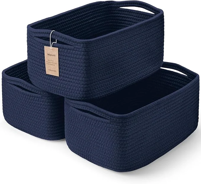 Relaxed 3-Pcs Shelf Baskets for Organizing Closet Organizer Bins Small Woven Baskets Rope Toy Basket Storage Basket for Shelves Cube Decorative Box 11.8×7.8×5.1 Navy BlueAbout ThisOverview Crafted