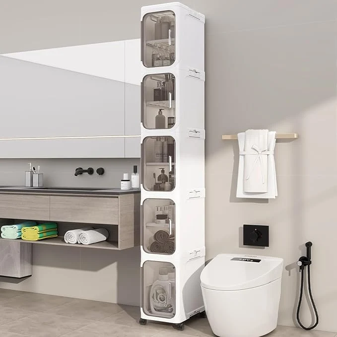 Prestigious KHNR 5-Tiers Slim Bathroom Storage Cabinet Foldable Storage Cabinets Narrow Bathroom Storage Movable Bathroom Storage Organizer for Small Spaces Bathroom Kitchen Laundry WhiteAbout ThisOverview Versatile