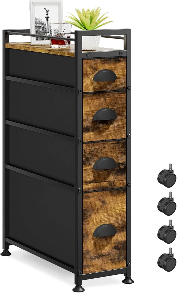Detailed LASZOLA 4 Drawer Narrow Dresser Slim Cabinet Skinny Storage Tower Chest I for Small Spaces Bathroom Bedroom Between Washer and Dryer Lightweight Mobile on Wheels Sturdy Fabric Drawers BrownAbout ThisOverview Selected