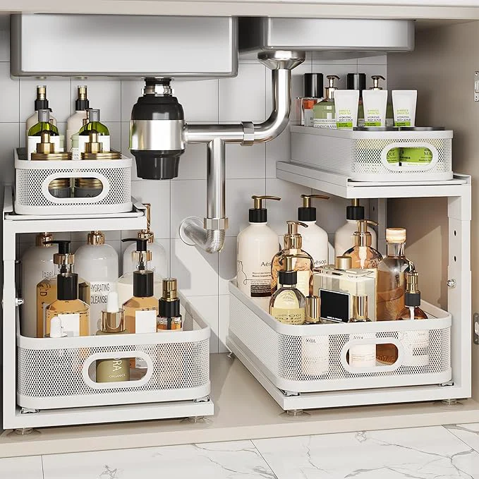 Classic 2 Pack Under Sink Organizer With Next-Gen Ball-Bearing Slides 2-Tier Precision Mesh Pull Out Cabinet Drawers Storage for Bathroom Kitchen Height Adjustable Shelf Rust-resistant-Patent PendingAbout ThisOverview Minimalist