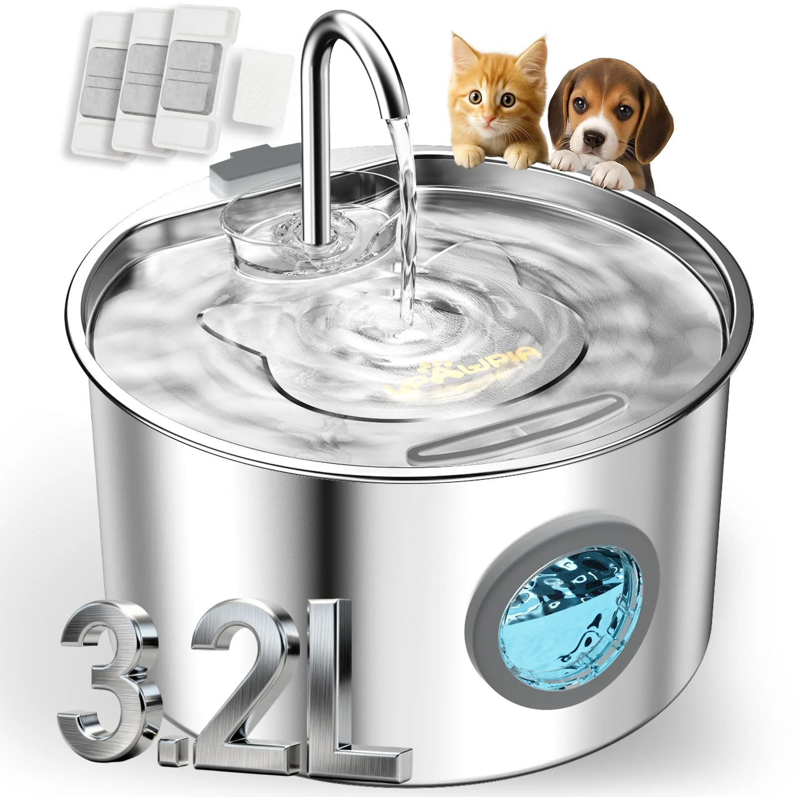 Minimalist UPAWPIA 3.2L Stainless Steel Cat Water Fountain — Quiet 3-Stage Filtration 108oz for Cats Dogs Quality