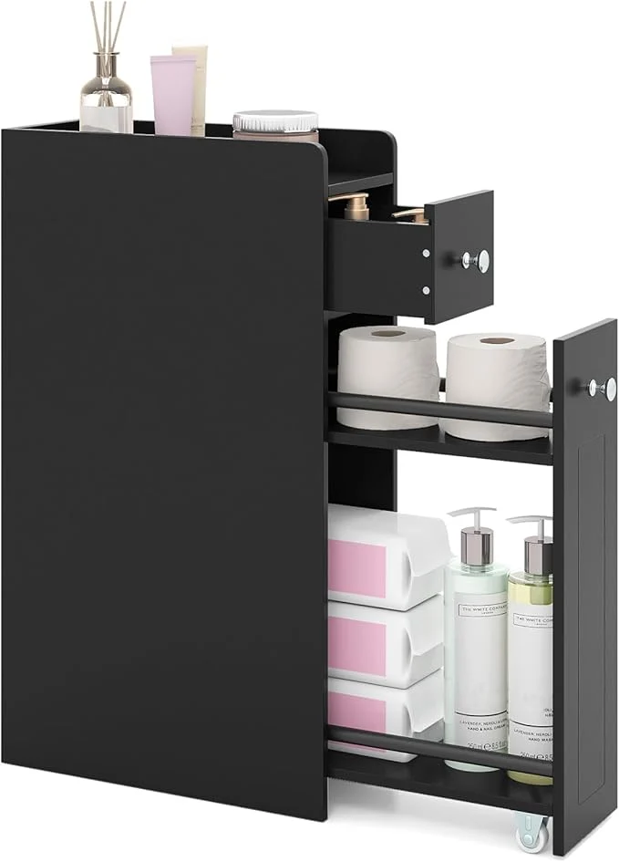Reliable Tangkula Slim Bathroom Storage Cabinet 4-Tier Narrow Small Side Storage Cabinet Next to Toilet Slide Out Drawers on Casters Bathroom Floor Organizer Toilet Paper Holder for Small Spaces Black About ThisOverview Versatile