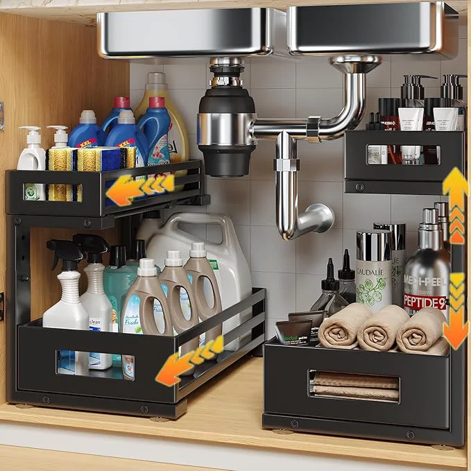 Luxury 2-Pack Under Sink Organizer and Storage 2-Tier L Shape Pull Out Cabinet Organizer With Round Tube Slide Rails Hight Adjustable Slide Out Drawers for Kitchen Bathroom Multi-Purpose Shelf-BlackAbout ThisOverview Green