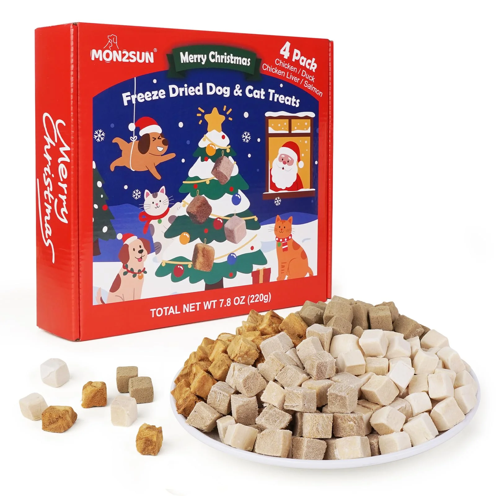 Soft MON2SUN Christmas Box Treats for Dogs Cats ze-Dried Single-Ingredient High-Protein Training Treats 7.8 oz Certified